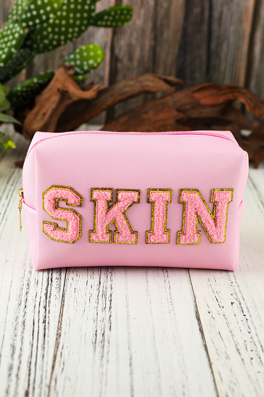 Pink SKIN Embroidered Patch Zipped Cosmetic Bag 19*7*12cm Other Accessories JT's Designer Fashion