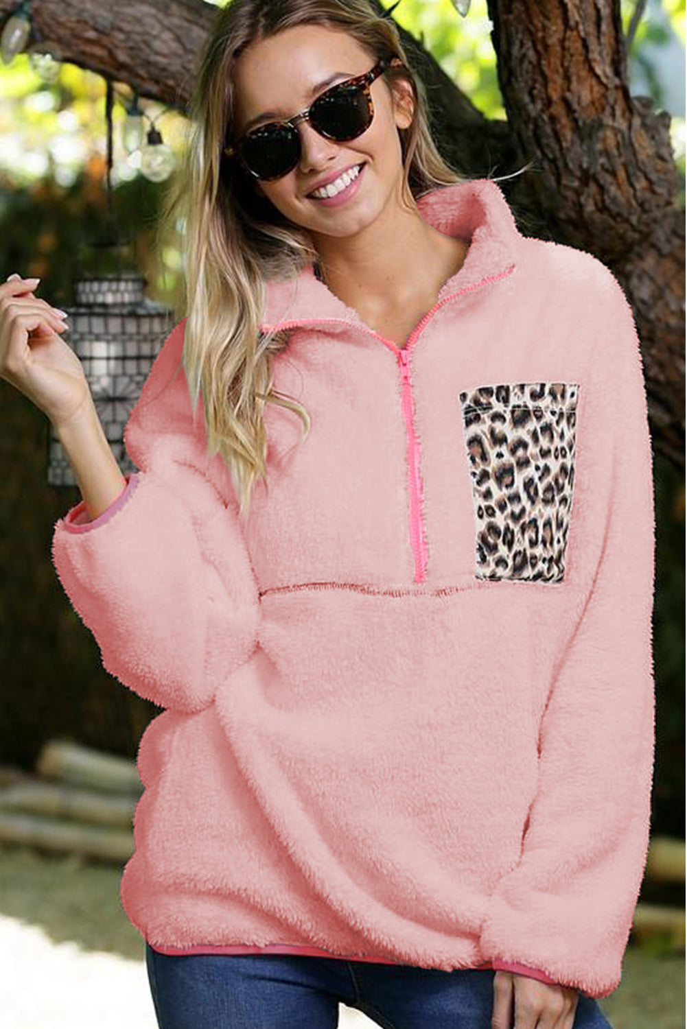 Light Pink Leopard Patch Pocket Half Zipped Fleece Sweatshirt Pre Order Sweatshirts & Hoodies JT's Designer Fashion