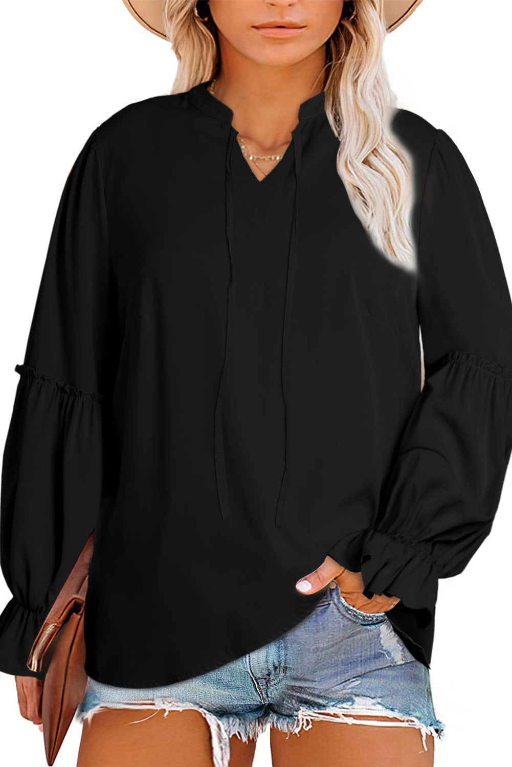 Black Plus Size Split Neck Ruffle Sleeve Blouse Plus Size JT's Designer Fashion