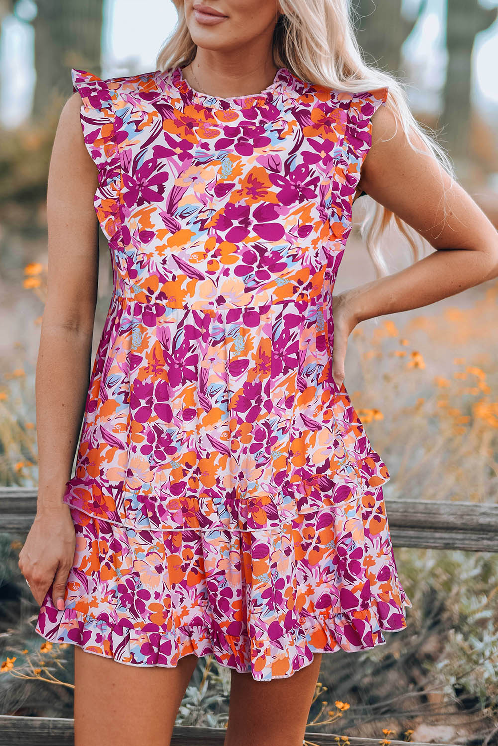 Red Ruffle Trim Tiered Sleeveless Floral Mini Dress Floral Dresses JT's Designer Fashion