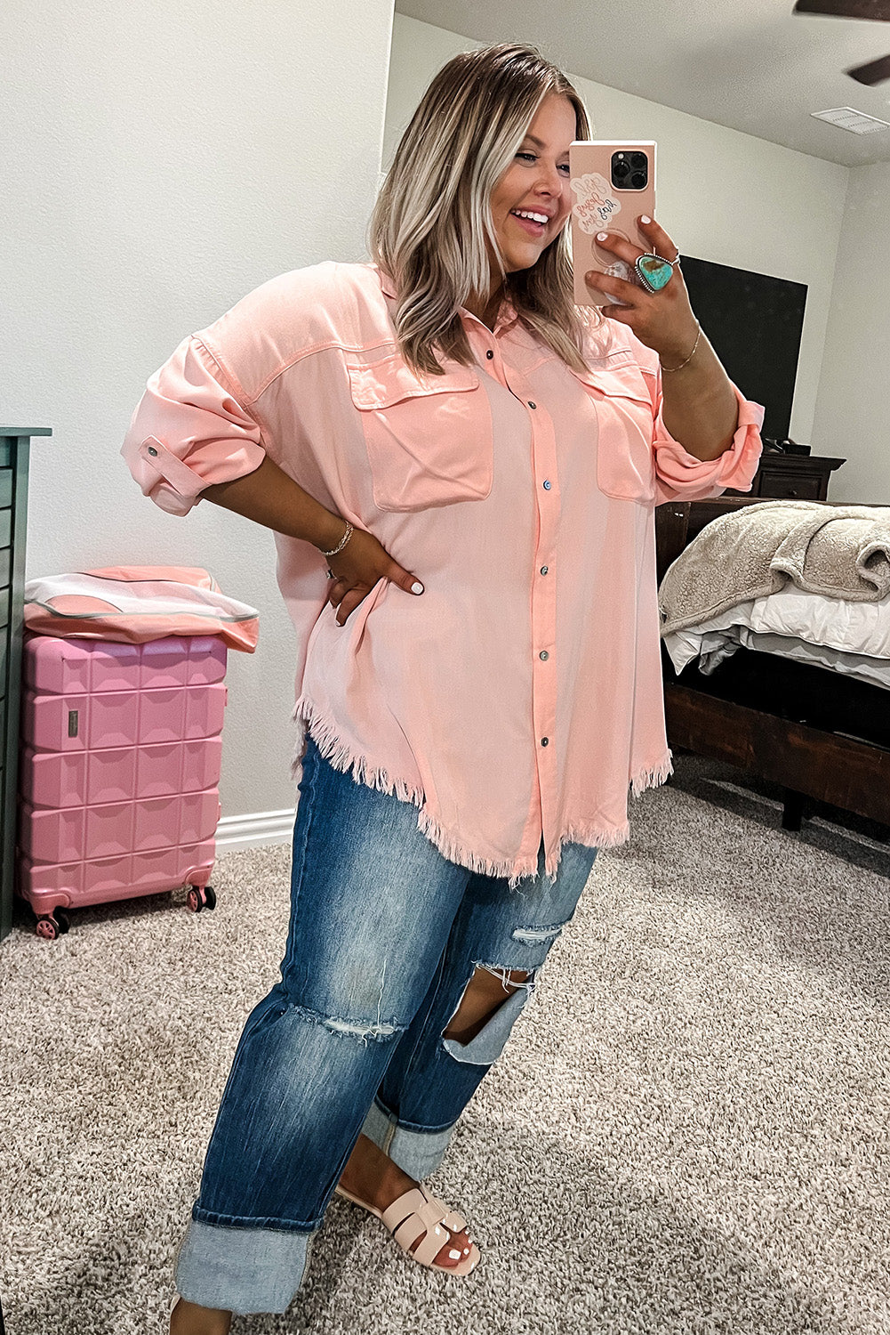 Pink Flap Pocket Tab Sleeve Button-Down Plus Size Shirt Plus Size JT's Designer Fashion