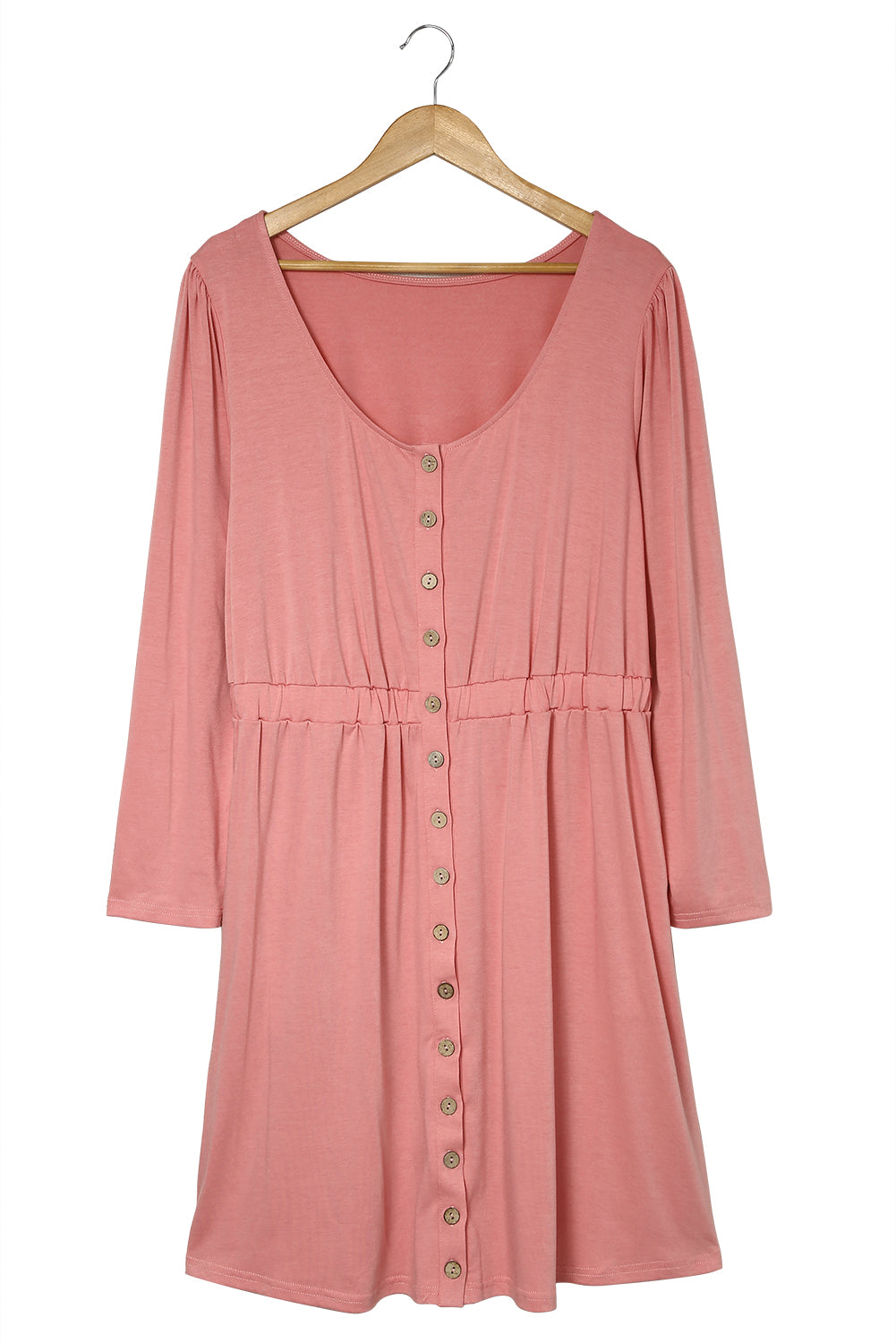 Pink Solid Button Front Plus Size Long Sleeve Dress Plus Size Dresses JT's Designer Fashion