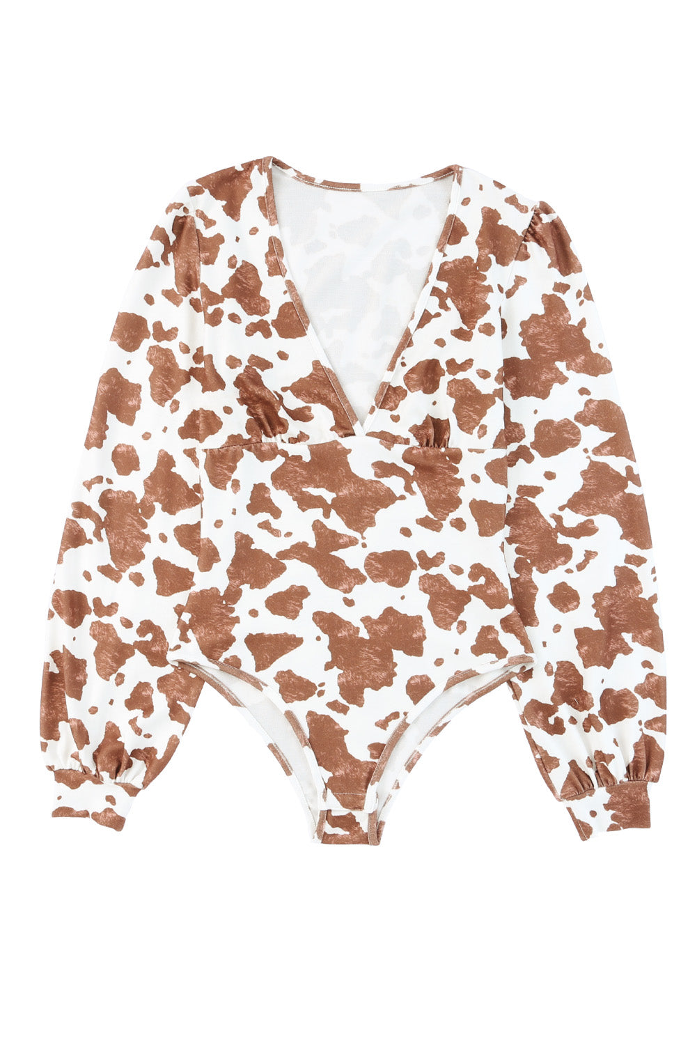 White Cow Print Deep V Neck Long Sleeve Bodysuit Bodysuits JT's Designer Fashion