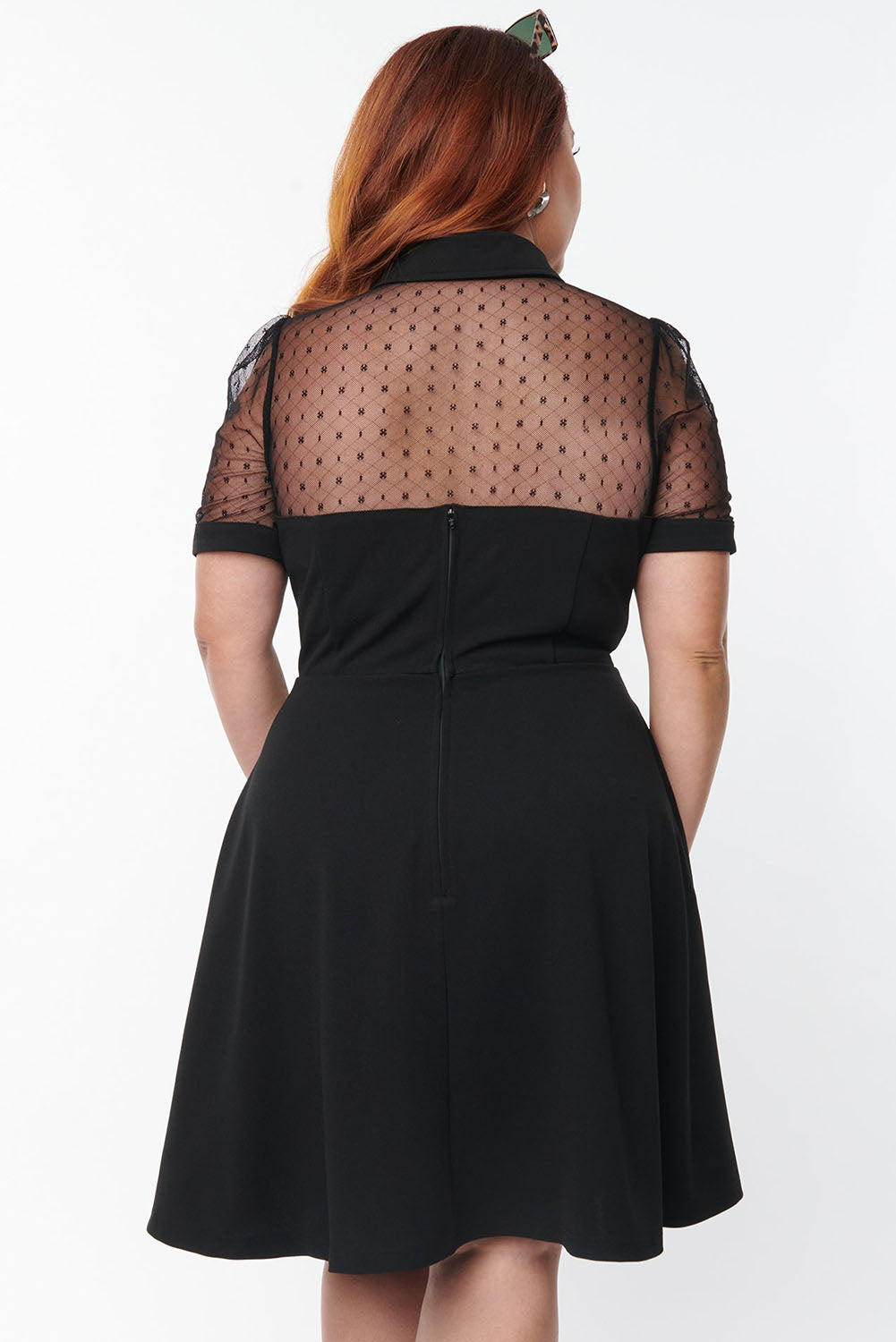 Black Plus Size Collared Mesh Yoke Fit Flare Dress Plus Size JT's Designer Fashion