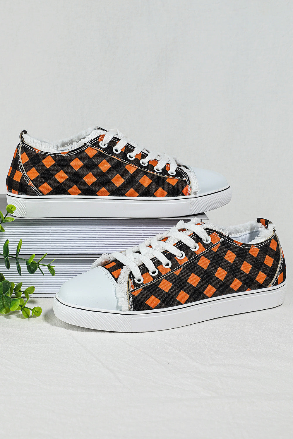 Orange Plaid Frayed Trim Lace-up Shoes Women's Shoes JT's Designer Fashion