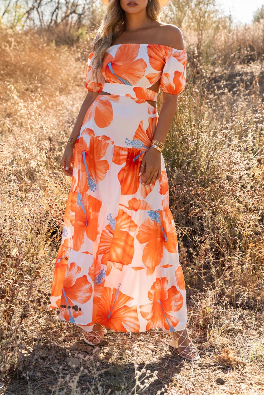 Orange Floral Print Off Shoulder Backless Maxi Dress Floral Dresses JT's Designer Fashion