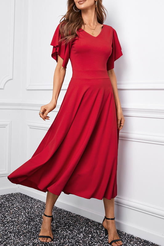 Red V Neck Ruffled Sleeve Zipper Pleated Midi Dress Red 60%Viscose+35%Polyamide+5%Elastane Maxi Dresses JT's Designer Fashion