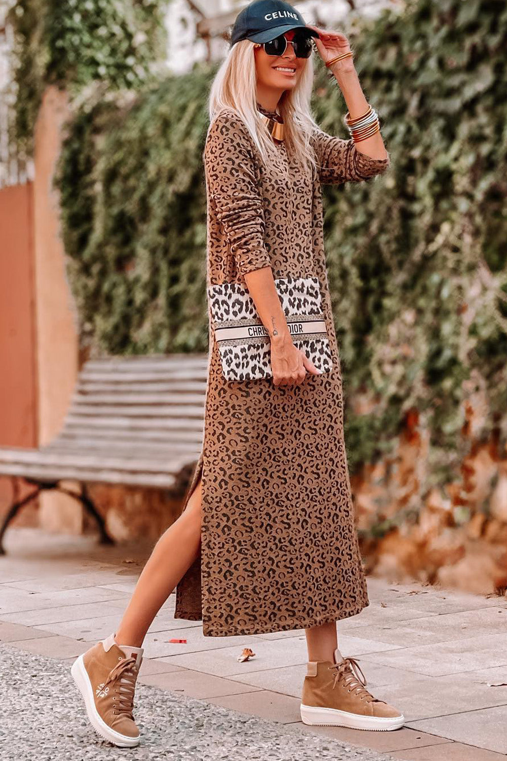 Printed Plus Size Leopard Long Sleeve Split Dress Plus Size JT's Designer Fashion