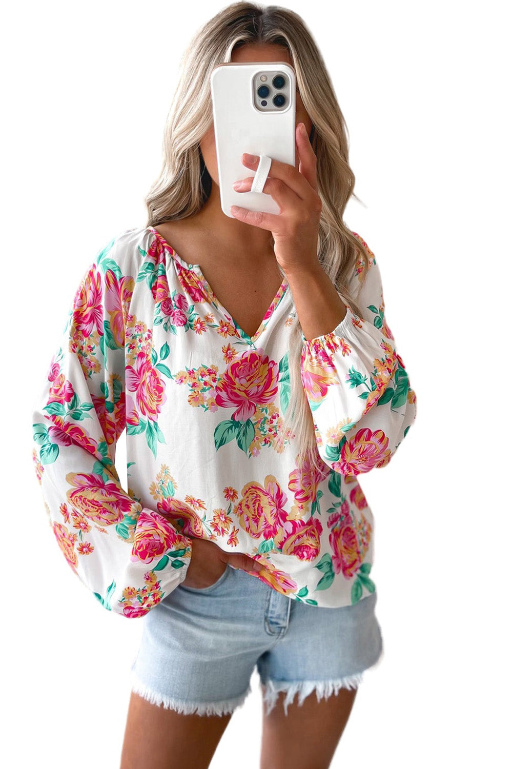 White Notch V Neck Floral Pleated Puff Sleeve Blouse Tops & Tees JT's Designer Fashion