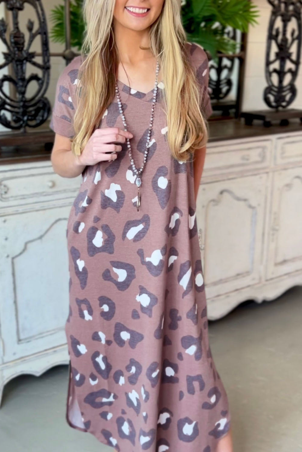 Leopard Print V Neck Long T-shirt Dress T Shirt Dresses JT's Designer Fashion