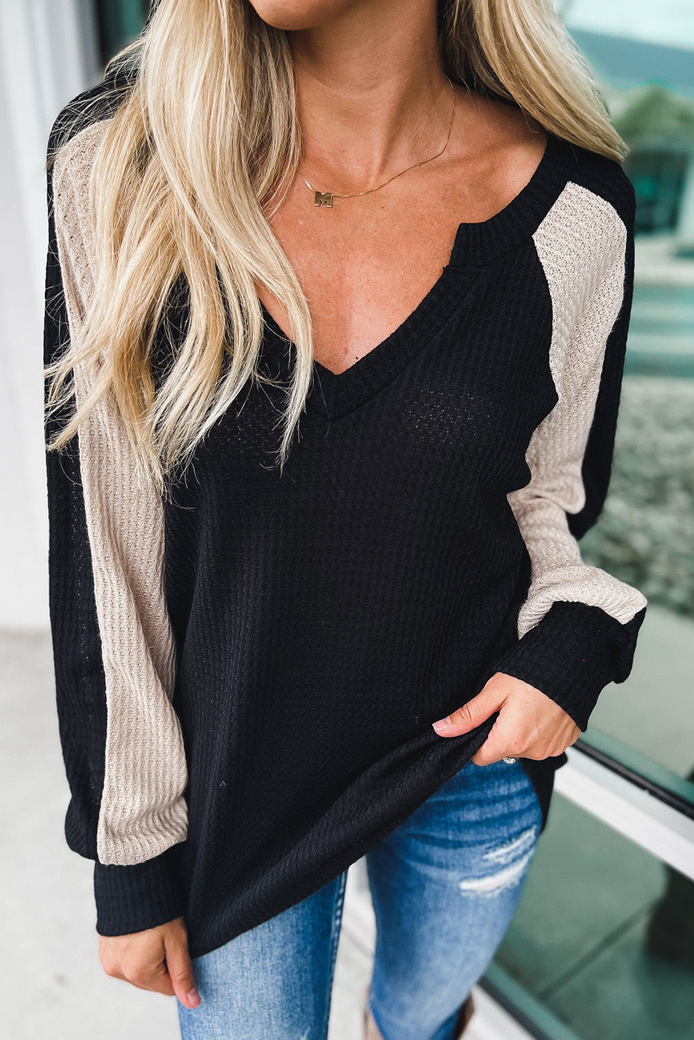 Black V Neck Contrast Block Waffle Knit Top Black 95%Polyester+5%Elastane Long Sleeve Tops JT's Designer Fashion