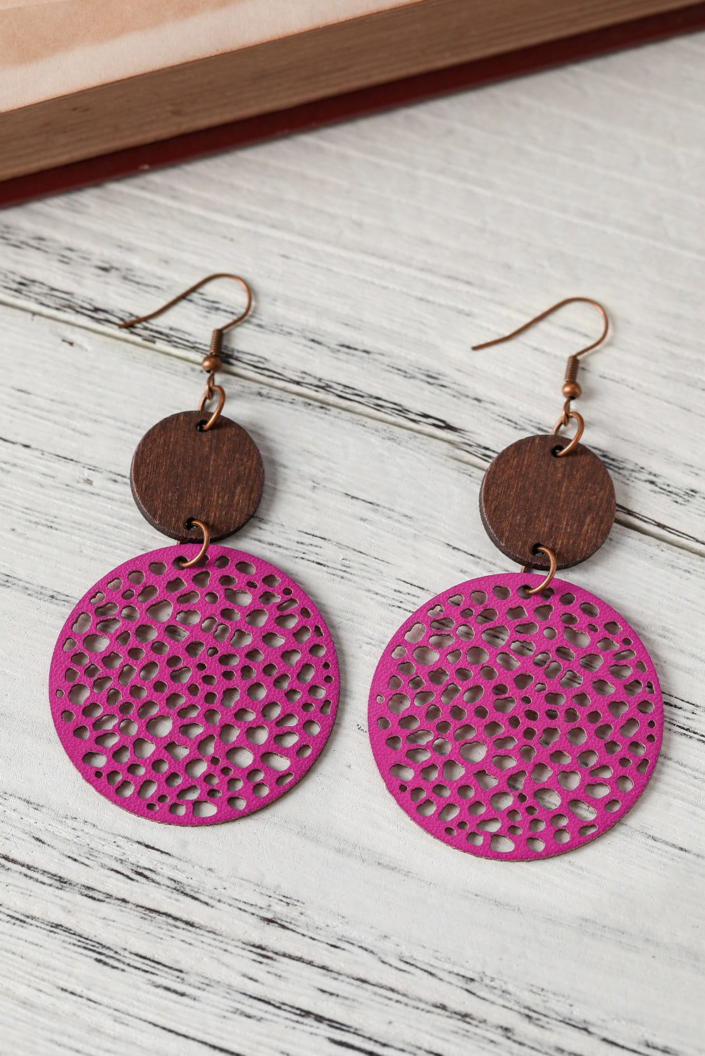 Rose Hollow Out Wooden Round Drop Earrings Jewelry JT's Designer Fashion