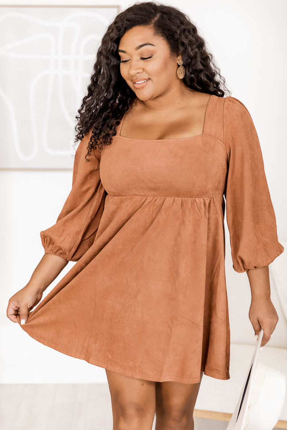 Chestnut Plus Size Suede Square Neck Balloon Sleeve Dress Plus Size JT's Designer Fashion