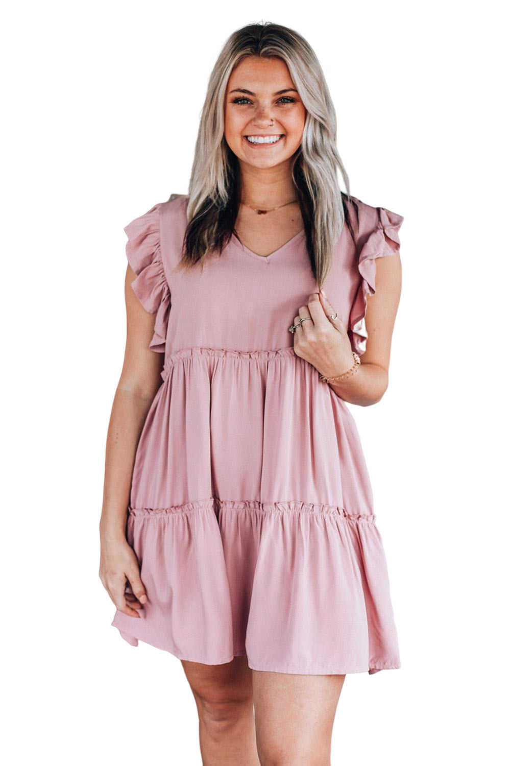 Pink Ruffle Trim Sleeveless A-line Mini Dress Mini Dresses JT's Designer Fashion