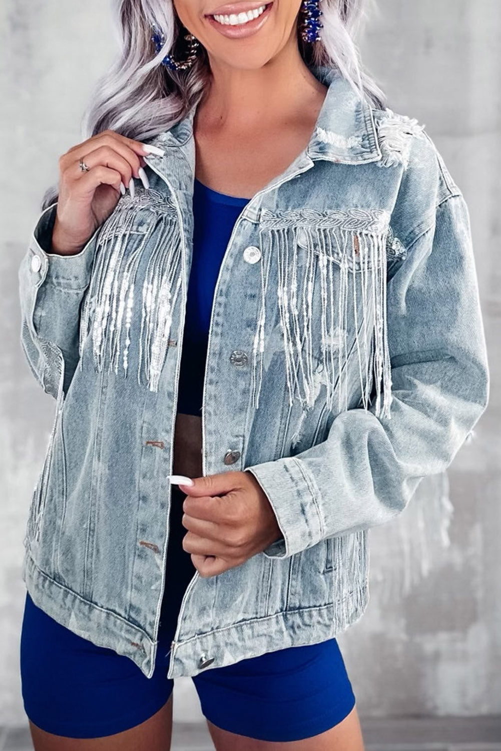 Sky Blue Sequin Fringe Star Print Frayed Denim Jacket Denim jackets JT's Designer Fashion