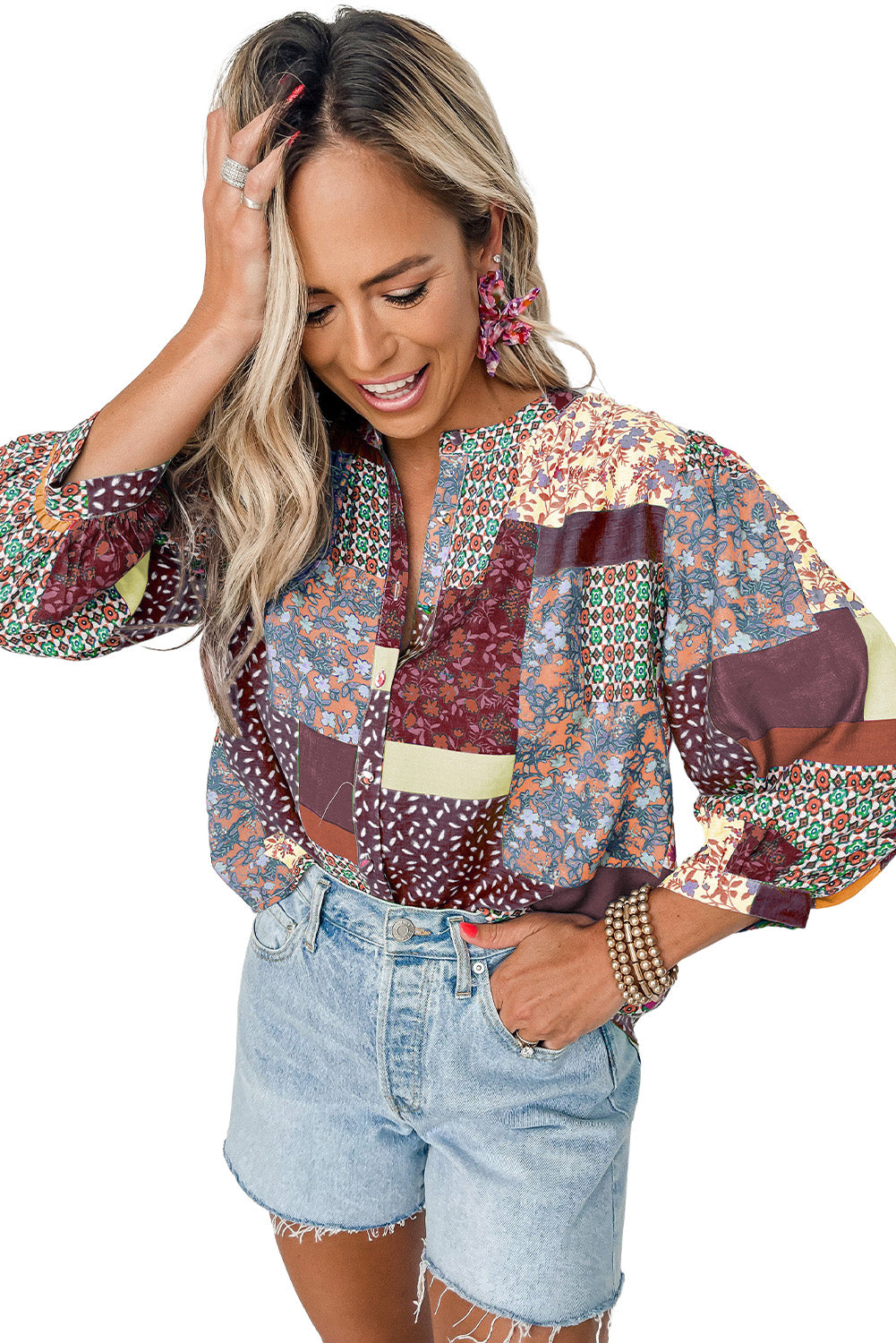 Brown Multicolor Floral Patchwork Print Buttoned Puff Sleeve Shirt Tops & Tees JT's Designer Fashion