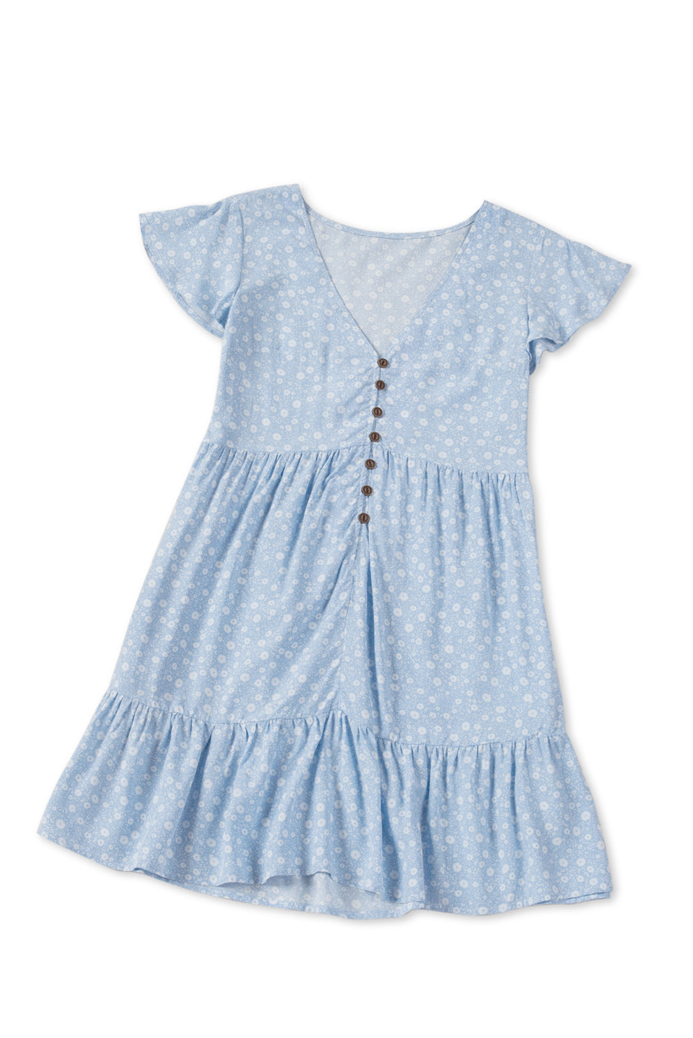 Sky Blue Floral V Neck Buttoned Babydoll Dress with Ruffled Hem Mini Dresses JT's Designer Fashion