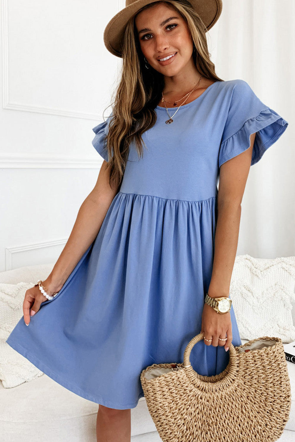 Sky Blue Round Neck Ruffle Sleeve Loose Dress Mini Dresses JT's Designer Fashion