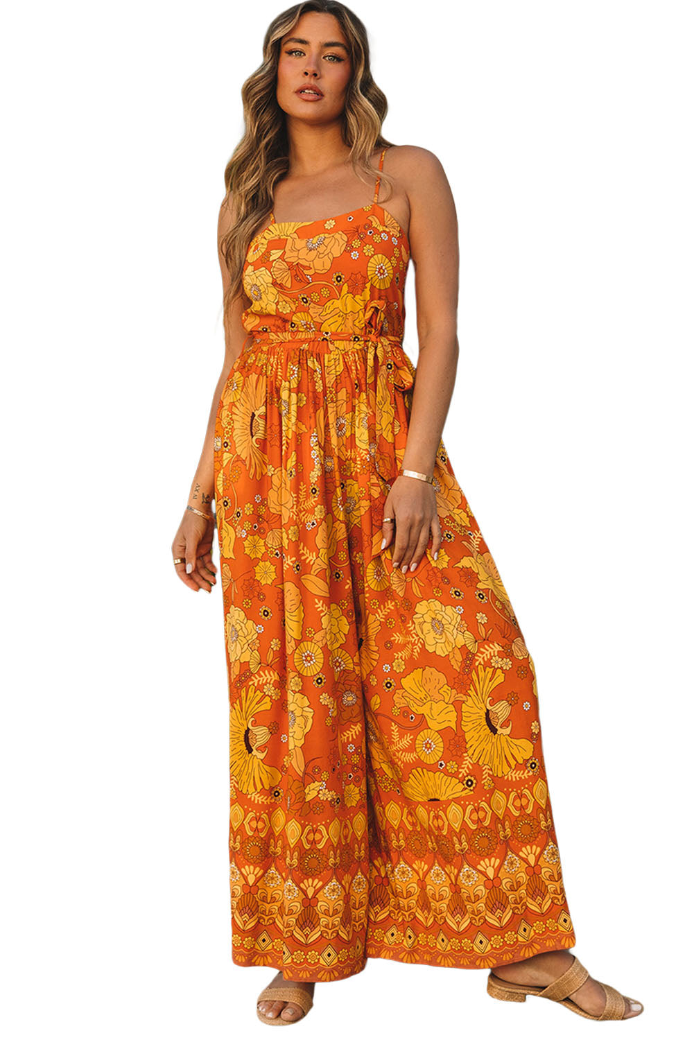 Orange Floral Wide Leg Sleeveless Jumpsuit Jumpsuits & Rompers JT's Designer Fashion