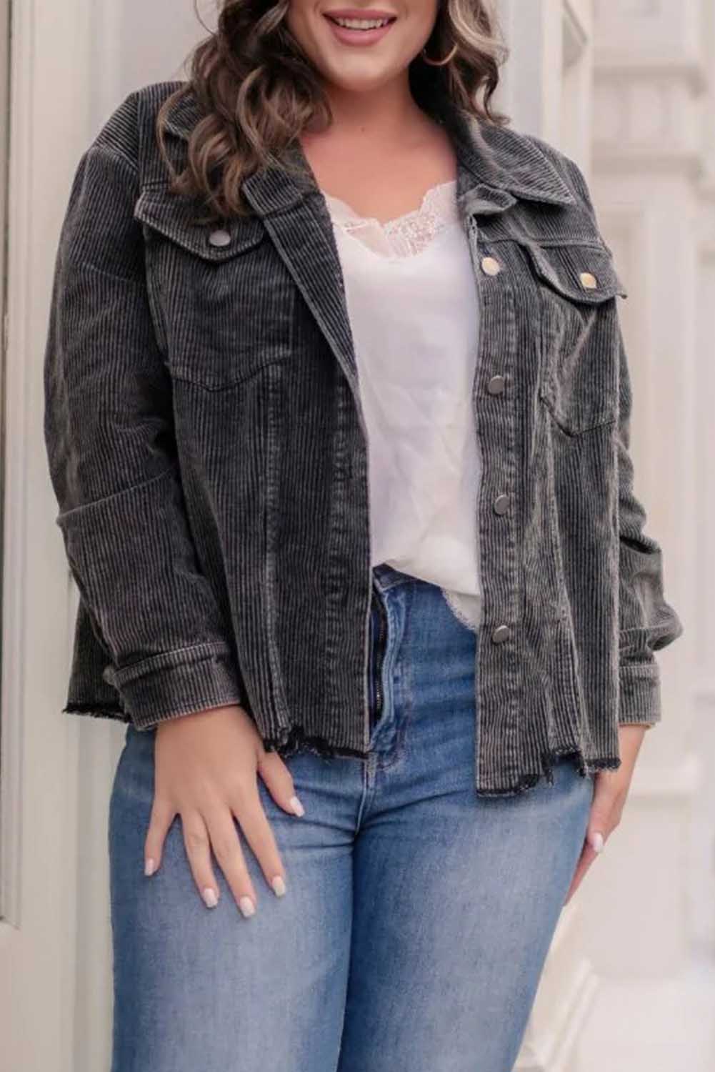 Gray Ribbed Flap Pocket Distressed Plus Size Corduroy Jacket Plus Size JT's Designer Fashion