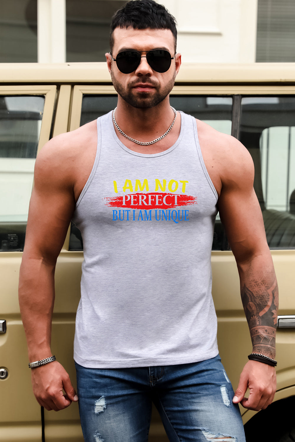 Gray Letter Print Slim-fit O-neck Men's Tank Top Men's Tops JT's Designer Fashion