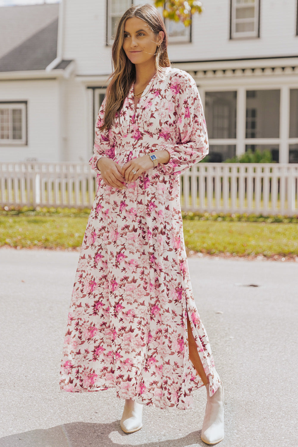 Purple Deep V Neck Ruched High Waist Floral Maxi Dress Floral Dresses JT's Designer Fashion