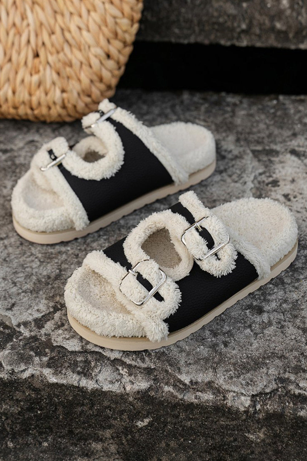 White Color Block Buckle Decor Fuzzy Slippers Slippers JT's Designer Fashion