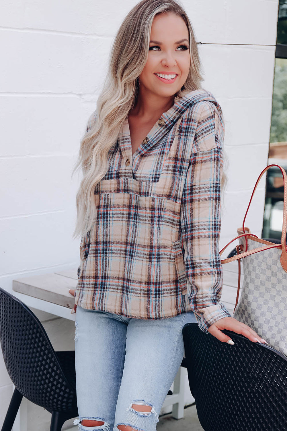 Bright White Plus Size Plaid Button Neck Pocketed Hoodie Plus Size JT's Designer Fashion