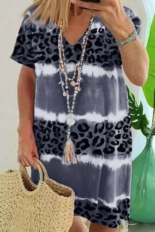 Leopard Color Block V Neck Plus Size T Shirt Dress Plus Size JT's Designer Fashion