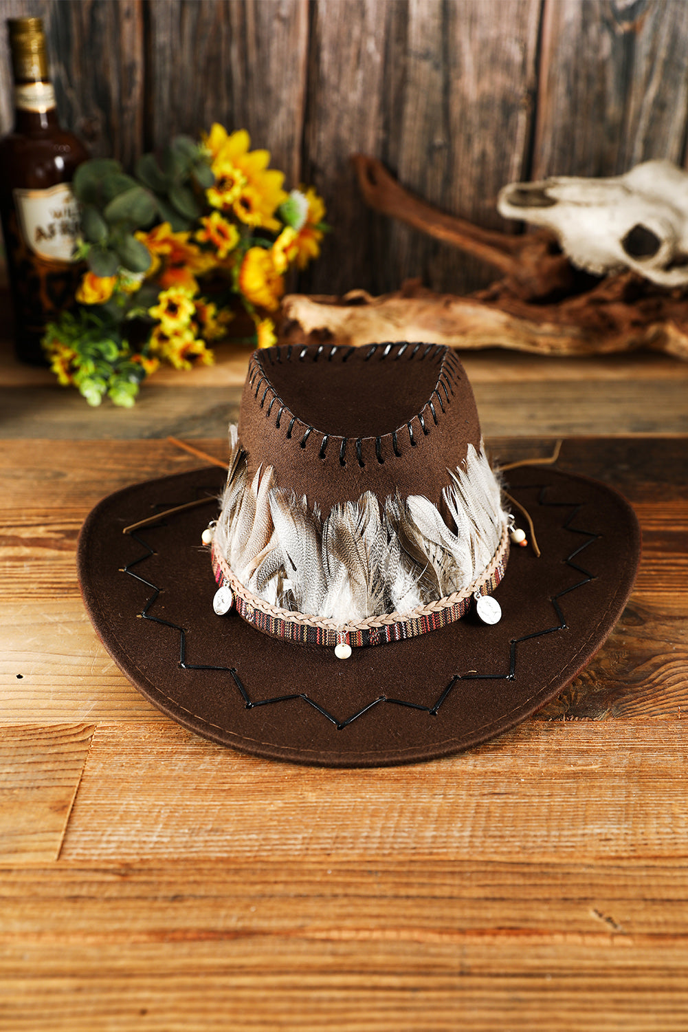 Coffee Western Feather Decor Cowboy Hat Hats & Caps JT's Designer Fashion