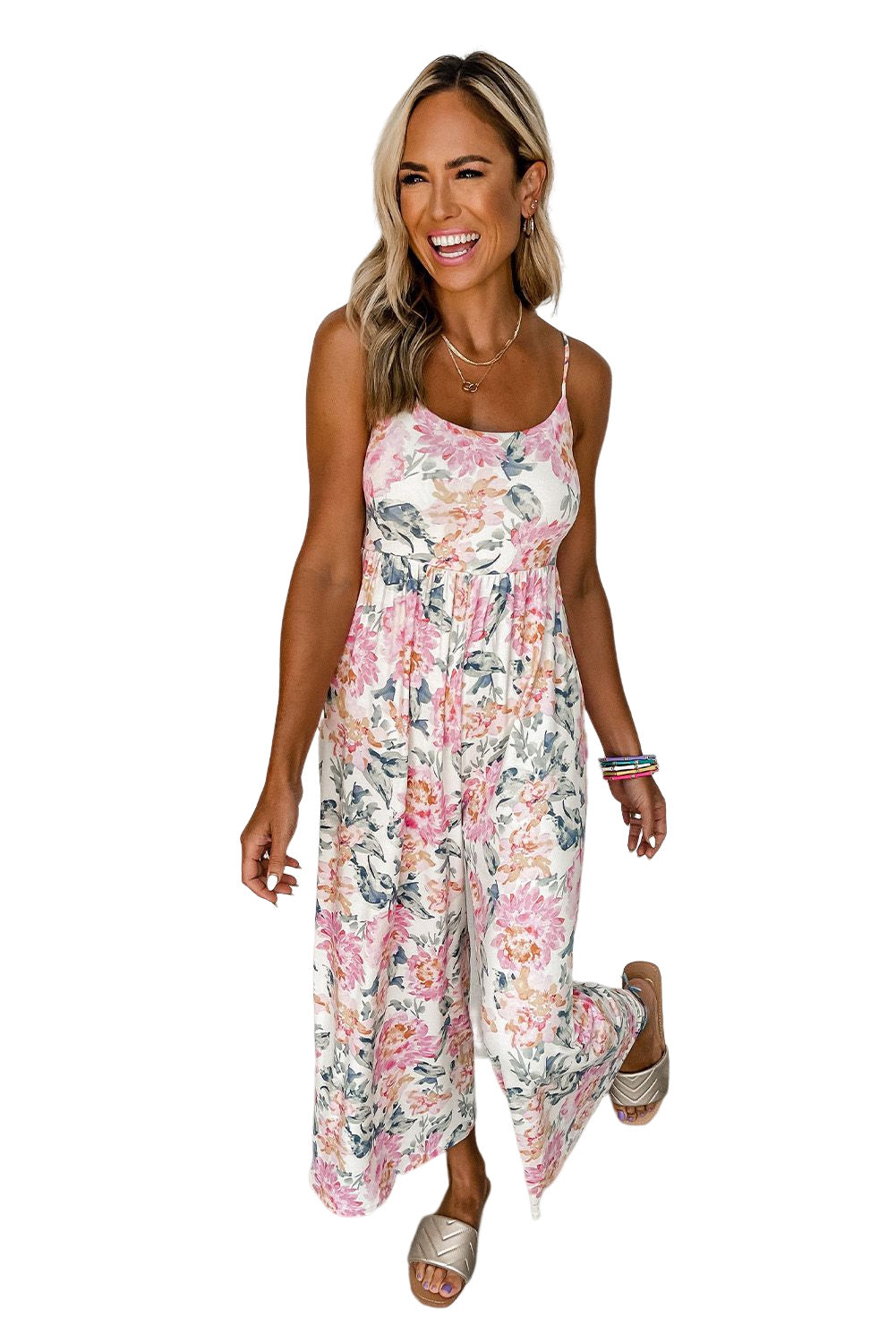 White Floral Spaghetti Straps Wide Leg Jumpsuit Jumpsuits & Rompers JT's Designer Fashion