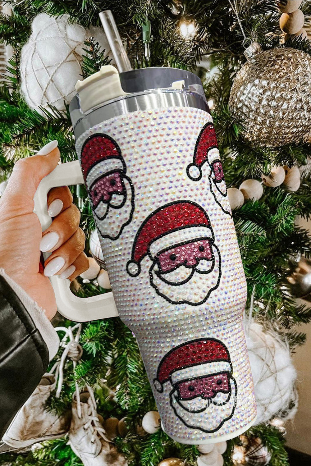 White Christmas Santa Claus Diamond Thermos Cup with Straw Tumblers JT's Designer Fashion