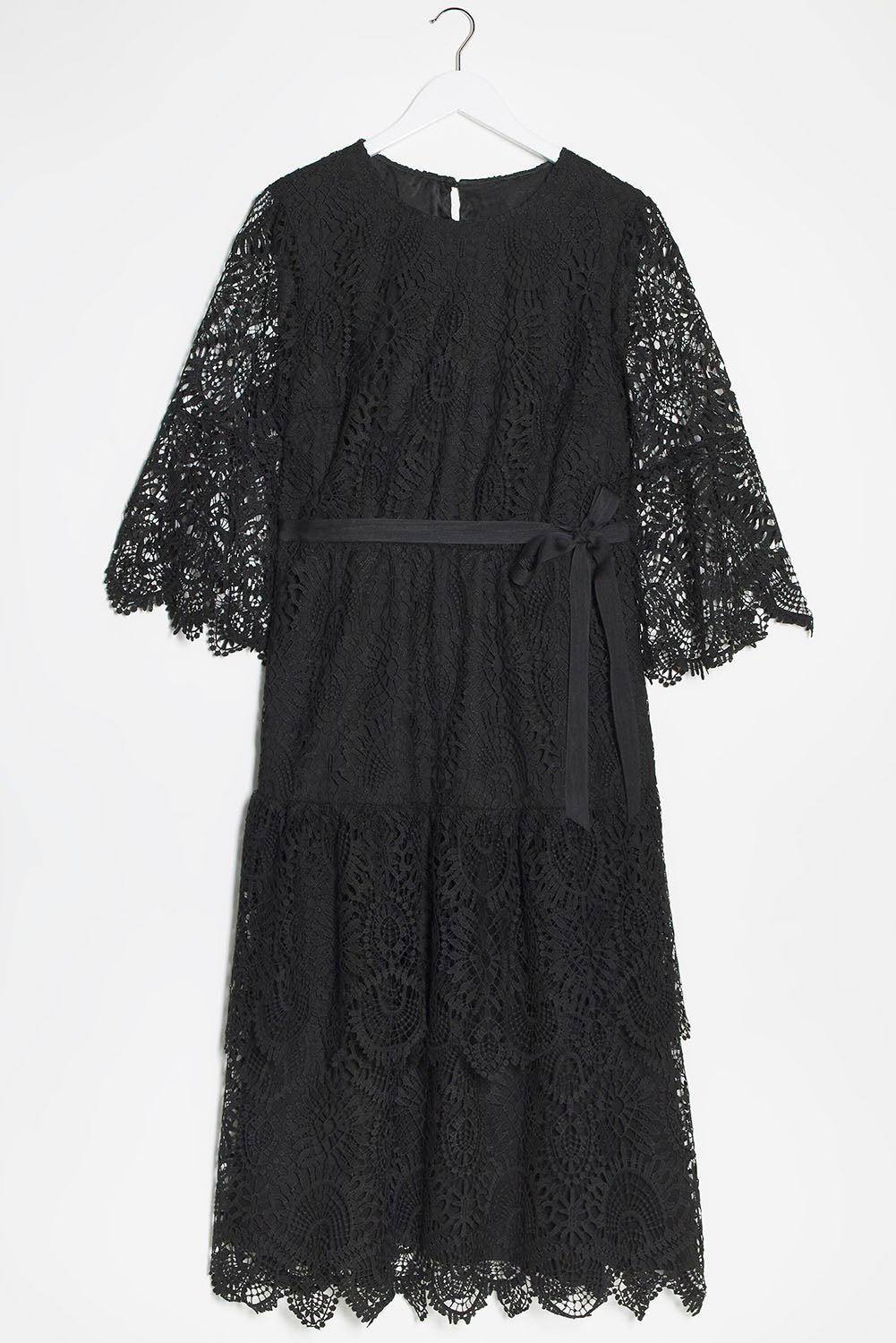 Black Plus Size 3/4 Sleeves Lace Lined Midi Dress with Belt Plus Size JT's Designer Fashion