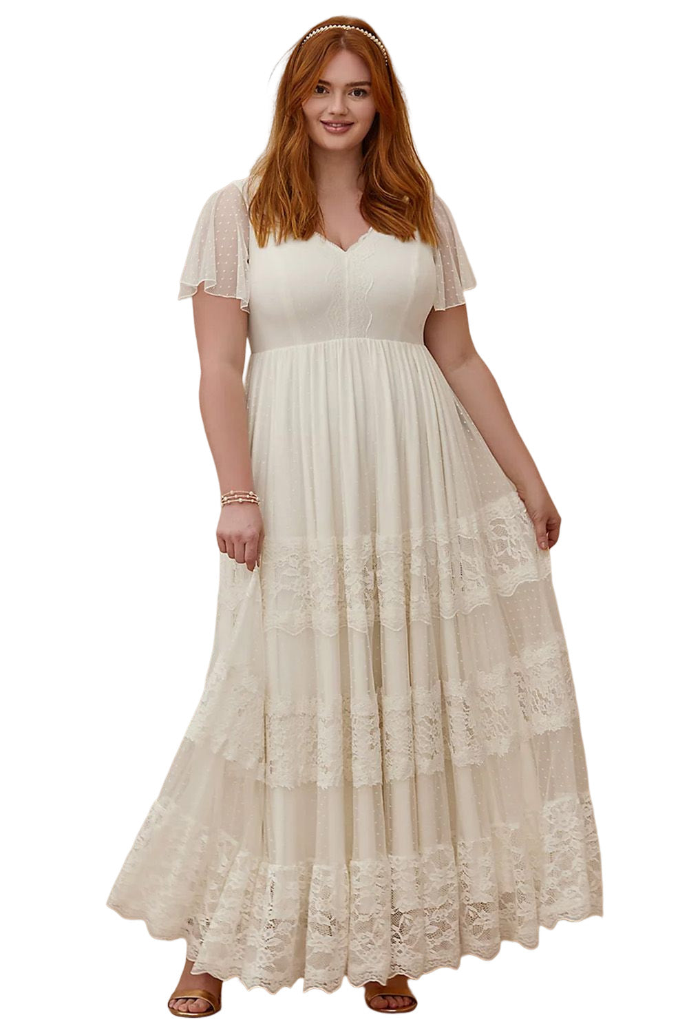 White Plus Size Lace A-line Boho Wedding Dress Plus Size Dresses JT's Designer Fashion