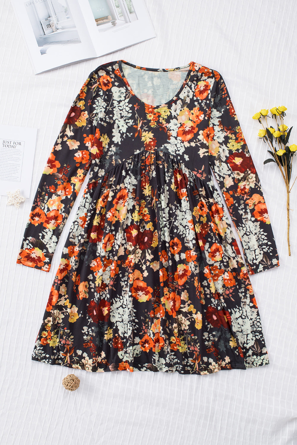 Floral Print Ruched Long Sleeve Dress Mini Dresses JT's Designer Fashion