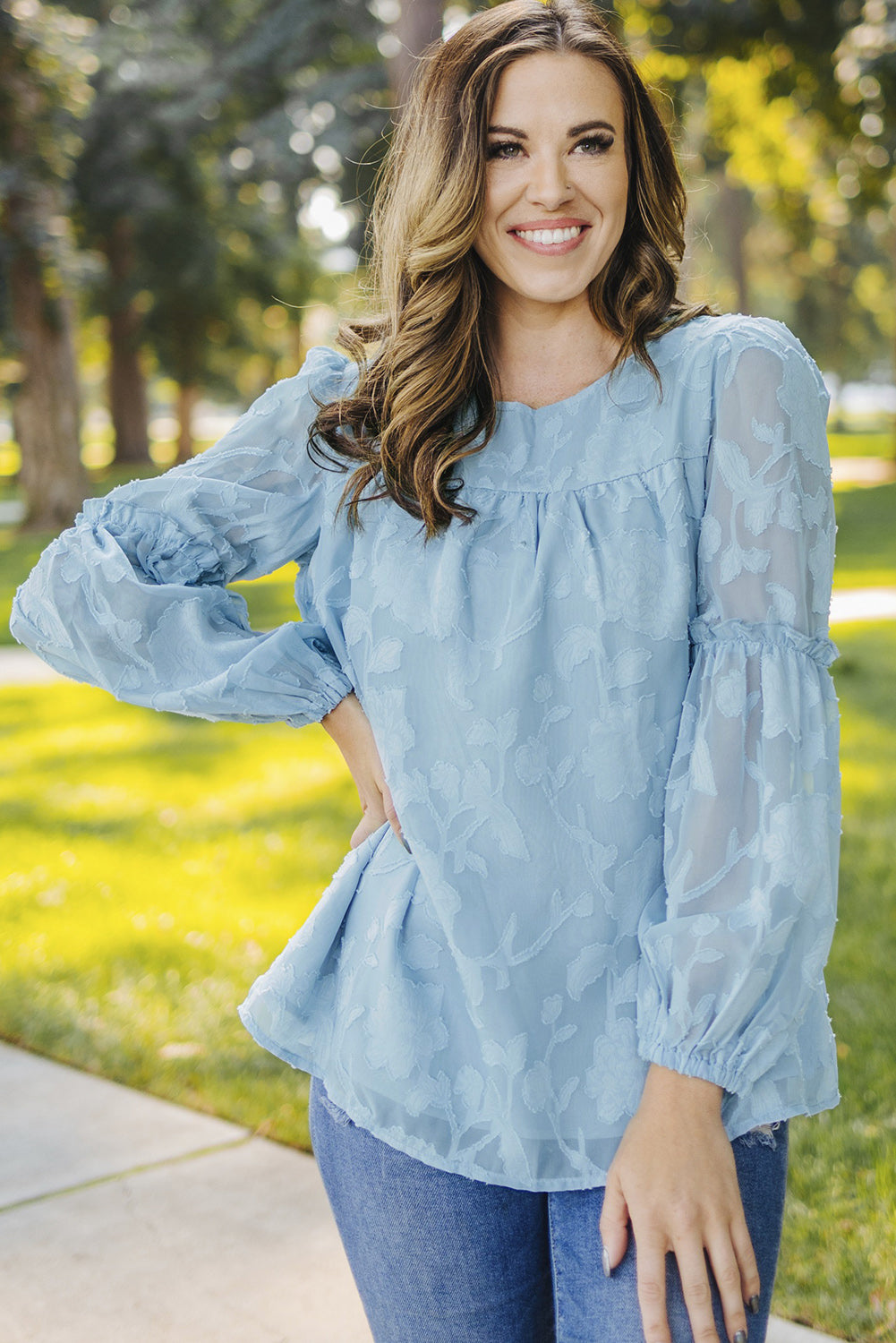 Blue Textured Ruffle Lantern Sleeve Babydoll Blouse Blouses & Shirts JT's Designer Fashion