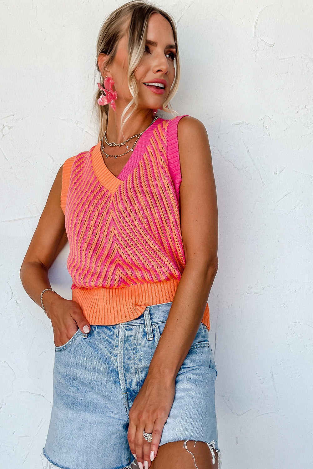 Strawberry Pink Contrast Chevron Knit V Neck Sweater Vest Pre Order Sweaters & Cardigans JT's Designer Fashion