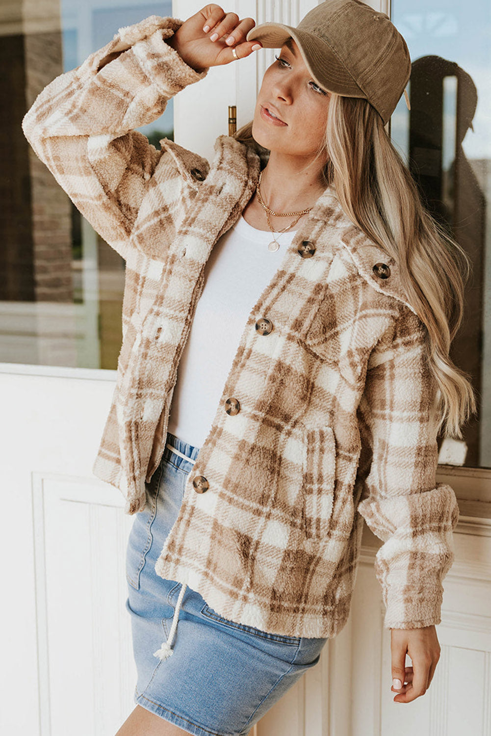 Khaki Sherpa Plaid Button Pocketed Jacket Coats & Jackets JT's Designer Fashion