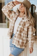 Khaki Sherpa Plaid Button Pocketed Jacket Coats & Jackets JT's Designer Fashion