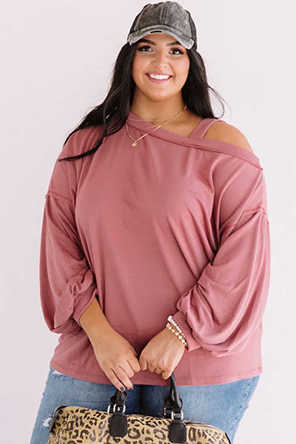 Pink Asymmetric Cold Shoulder Puff Sleeve Plus Size Top Plus Size JT's Designer Fashion