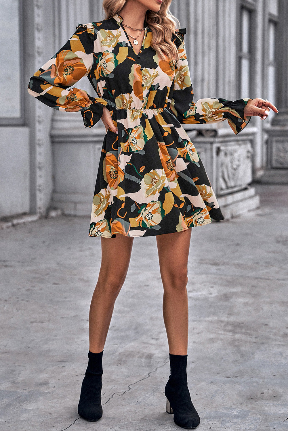 Multicolor Floral Print Frilled Long Sleeve Mini Dress Dresses JT's Designer Fashion