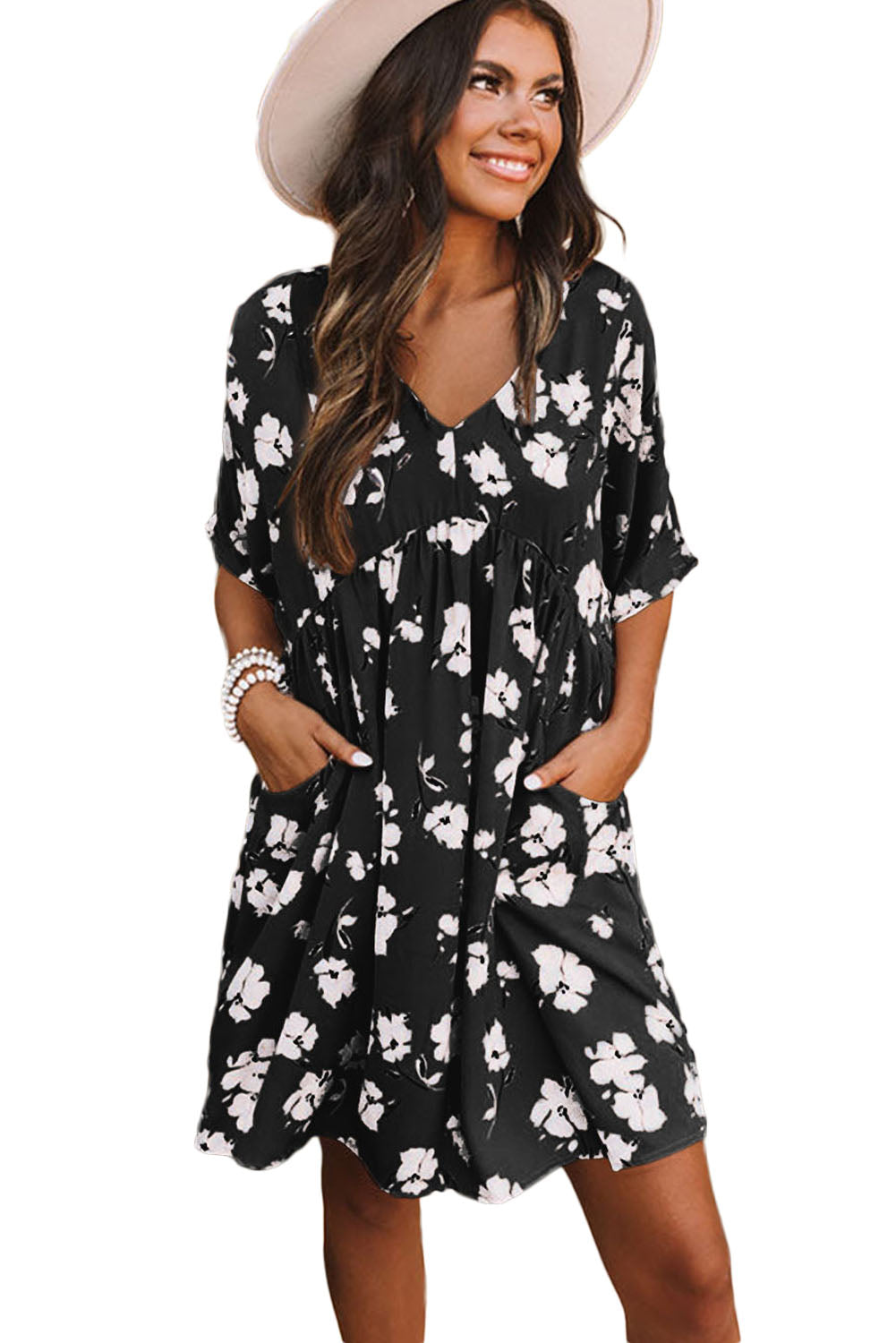 Black Khaki V Neck Floral Babydoll Dress with Pockets Floral Dresses JT's Designer Fashion