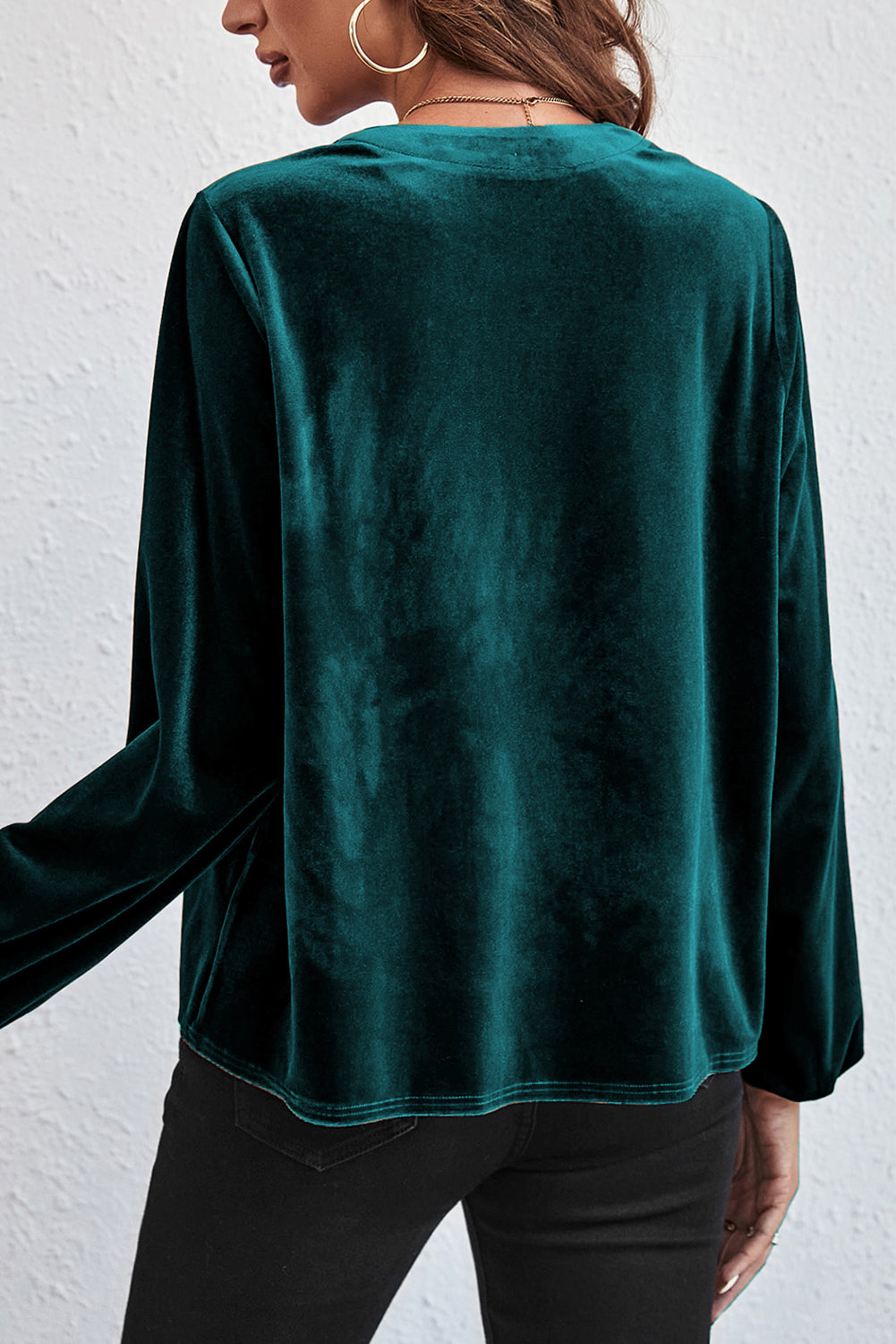 Stone Green Velvet Lantern Sleeve Beaded Split V Neck Top Tops & Tees JT's Designer Fashion