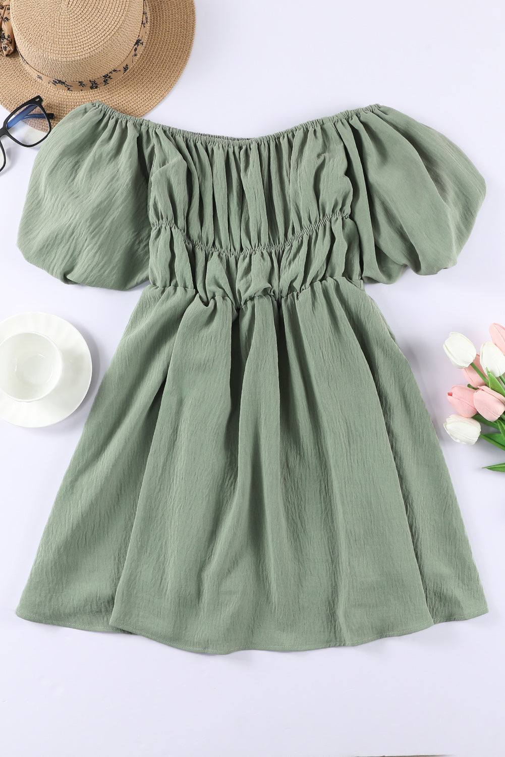 Green Shirred Bubble Sleeve Off Shoulder Babydoll Dress Mini Dresses JT's Designer Fashion