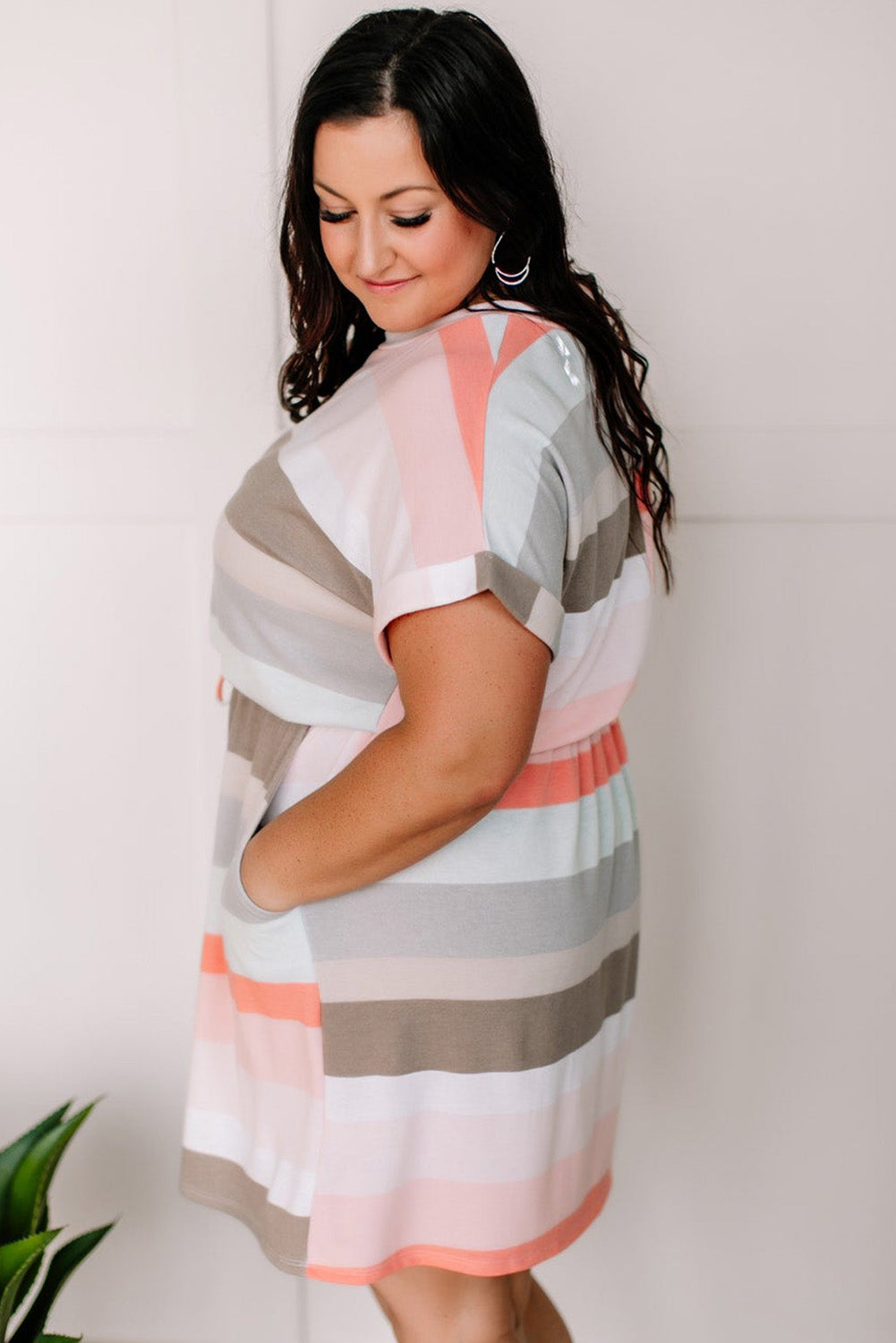 Striped Print Drawstring Short Sleeve Plus Size Dress Plus Size Dresses JT's Designer Fashion