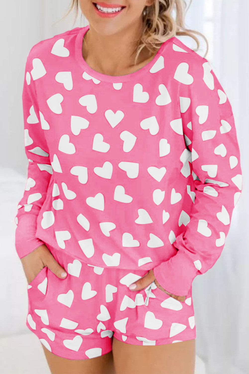 Pink Heart Shape Print Long Sleeve Top Shorts Lounge Set Loungewear JT's Designer Fashion