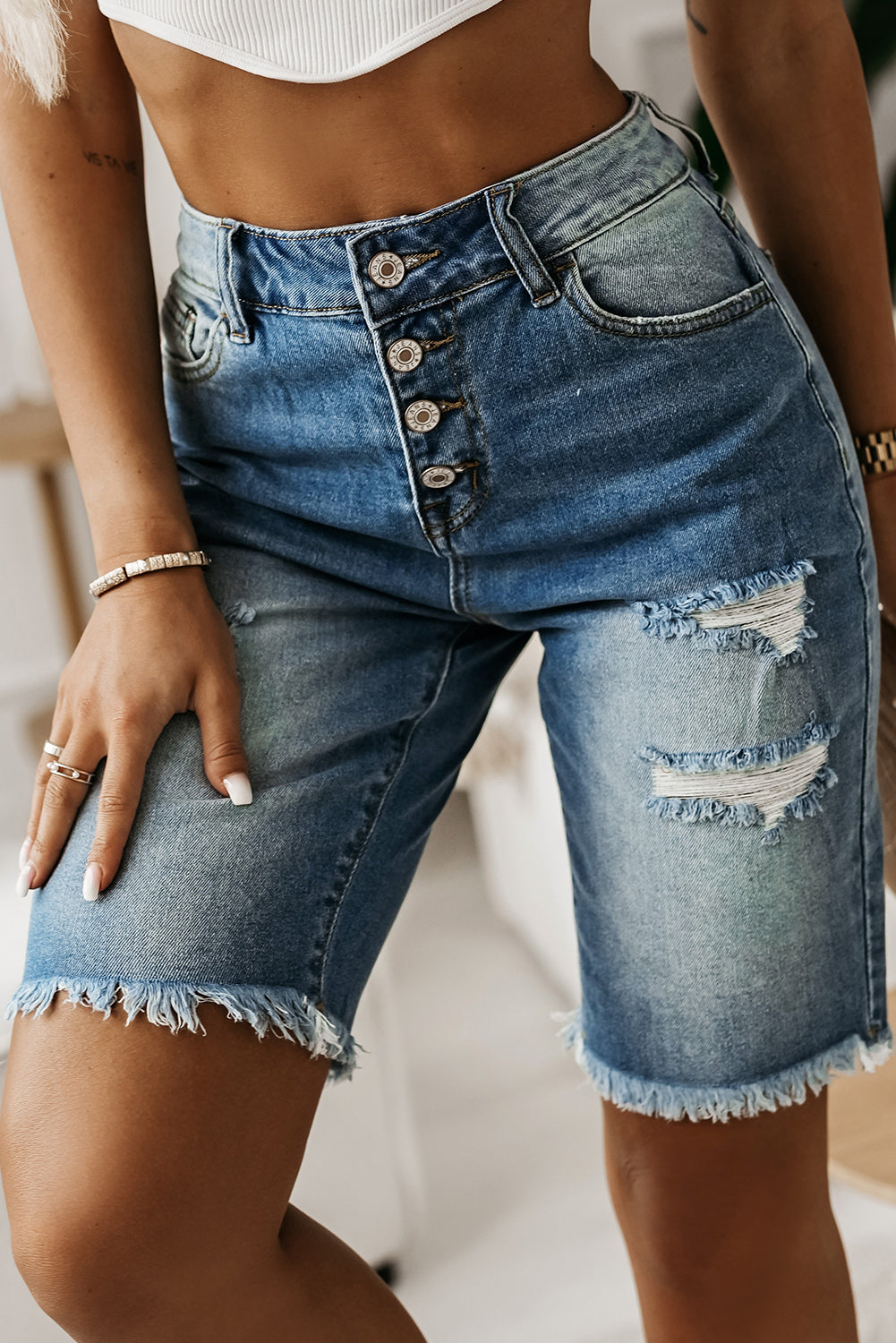 Sky Blue Button Fly Distressed Skinny Bermuda Denim Shorts Denim Shorts JT's Designer Fashion