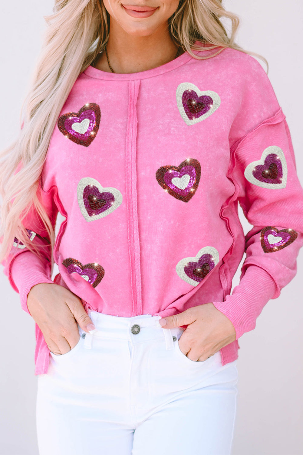 Rose Sequin Heart Shaped Exposed Seam Pullover Sweatshirt Rose 75%Polyester+25%Cotton Graphic Sweatshirts JT's Designer Fashion