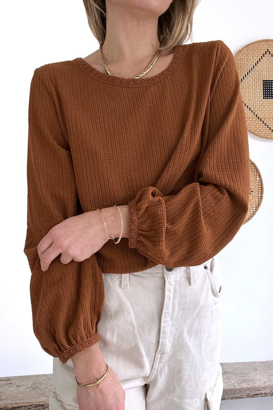 Brown Textured Round Neck Puff Sleeve Top Tops & Tees JT's Designer Fashion