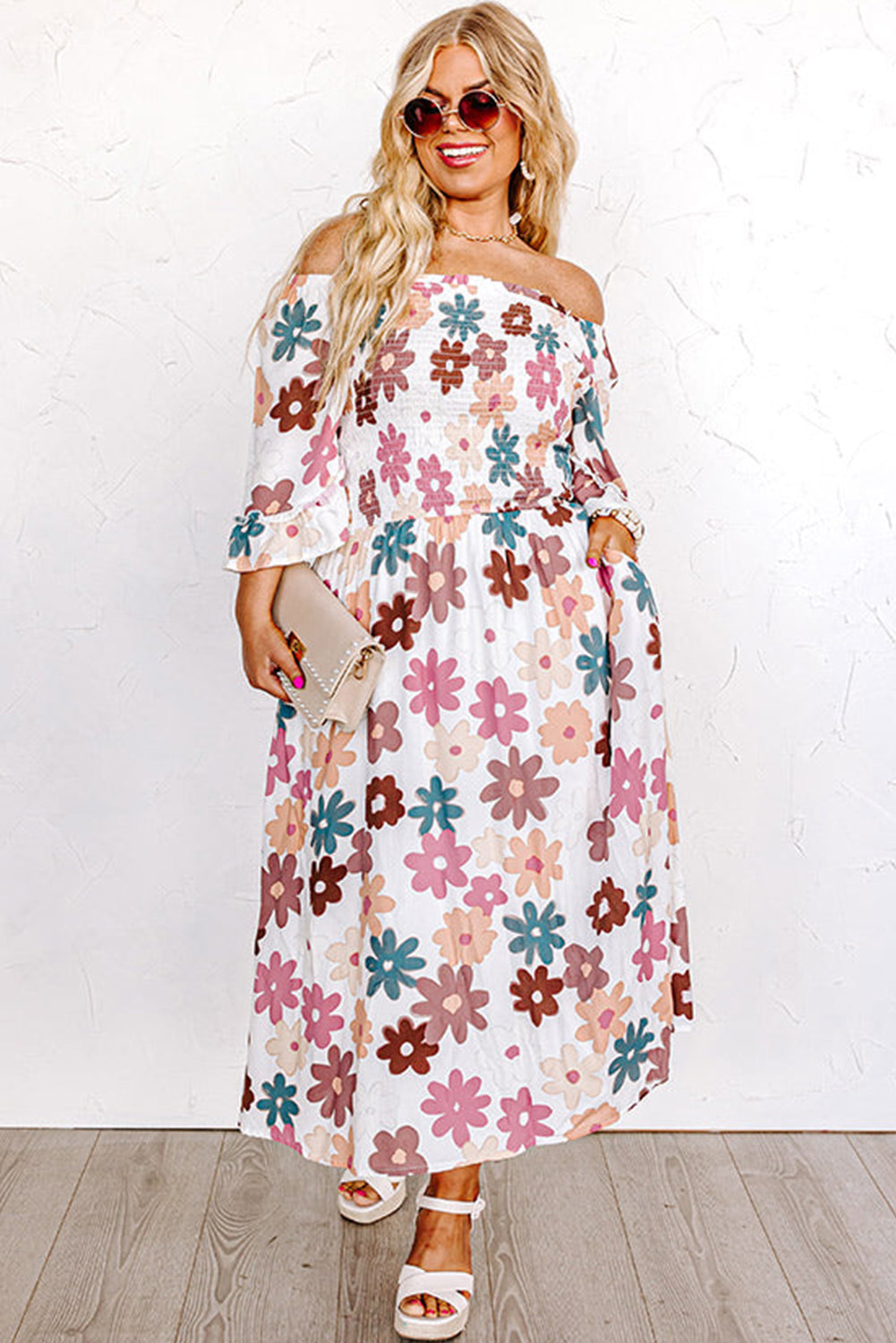 White Plus Size Flower Print Smocked Off Shoulder Dress Plus Size JT's Designer Fashion